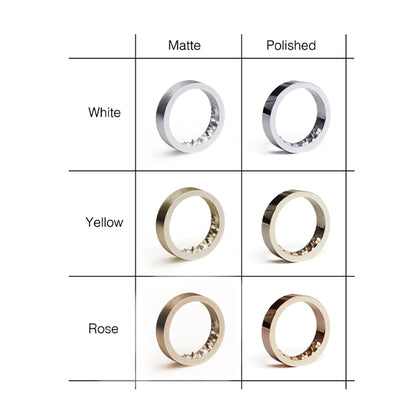 An image showcasing the Inner Message ring custom order color and finishing options, with choices including classic white, brilliant yellow, and elegant rose gold, along with the choice of matte or polished finishing, allowing customers to create a truly personalized and unique jewelry piece